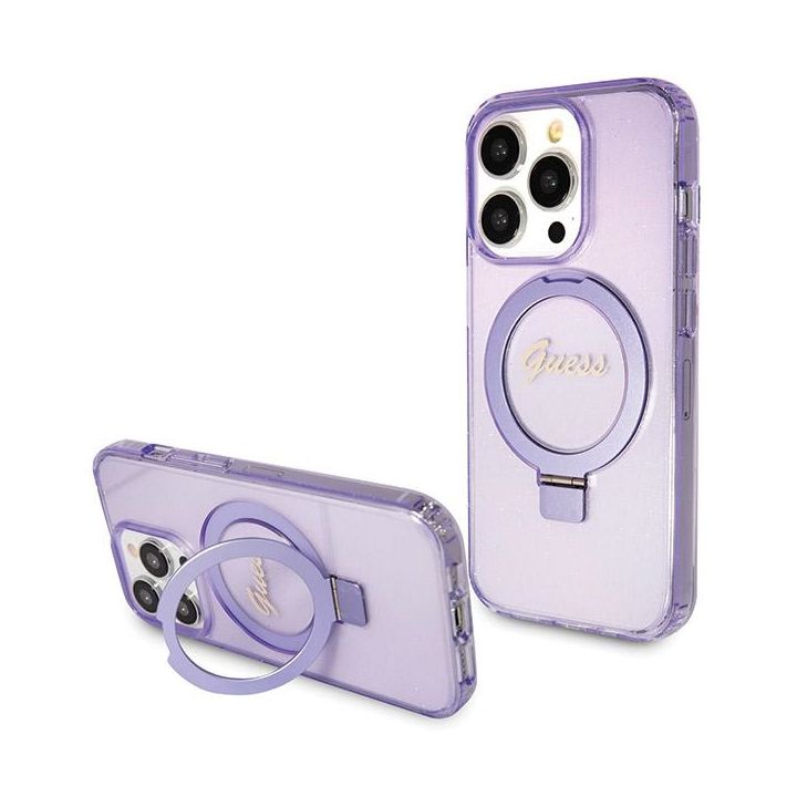 Guess GUHMP13LHRSGSU iPhone 13 Pro / 13 6.1" fioletowy/purple hardcase Ring Stand Script Glitter MagSafe na NearMe.pl