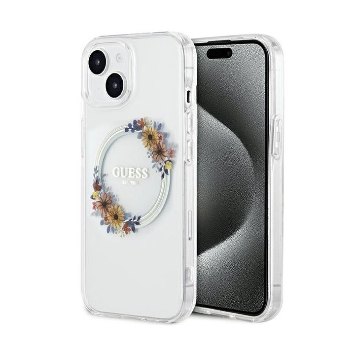 Guess GUHMP15SHFWFCT iPhone 15 / 14 / 136.1" transparent hardcase IML Flowers Wreatch MagSafe na NearMe.pl