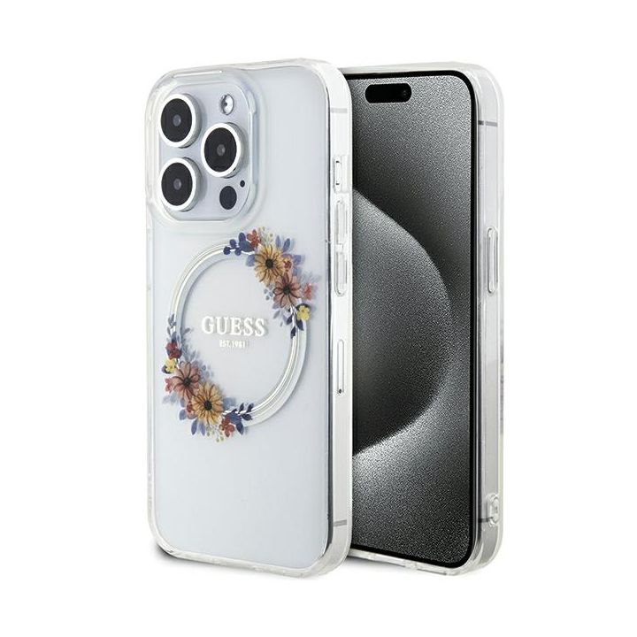 Guess GUHMP15XHFWFCT iPhone 15 Pro Max 6.7" transparent hardcase IML Flowers Wreatch MagSafe na NearMe.pl