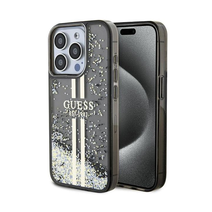 Guess GUHCP15LLFCSEGK iPhone 15 Pro 6.1" czarny/black hardcase Liquid Glitter Gold Stripes na NearMe.pl