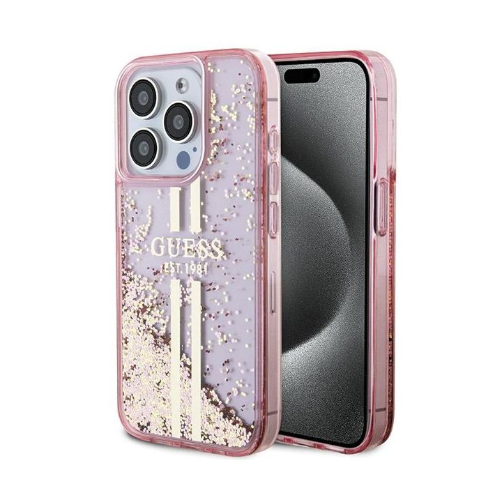 Guess GUHCP15LLFCSEGP iPhone 15 Pro 6.1" różowy/pink hardcase Liquid Glitter Gold Stripes na NearMe.pl