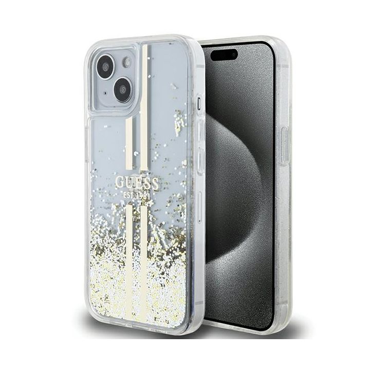 Guess GUHCP15SLFCSEGT iPhone 15 / 14 / 13 6.1" transparent hardcase Liquid Glitter Gold Stripes na NearMe.pl