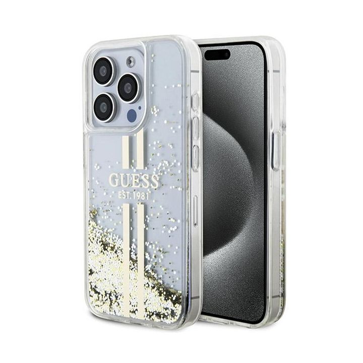 Guess GUHCP15XLFCSEGT iPhone 15 Pro Max 6.7" transparent hardcase Liquid Glitter Gold Stripes na NearMe.pl