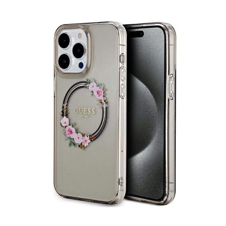 Guess GUHMP15XHFWFCK iPhone 15 Pro Max 6.7" czarny/black hardcase IML Flowers Wreatch MagSafe na NearMe.pl