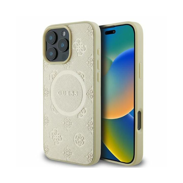Guess GUHMP16LPSAPSMED iPhone 16 Pro 6.3" złoty/gold hardcase Saffiano Peony Classic Logo MagSafe na NearMe.pl
