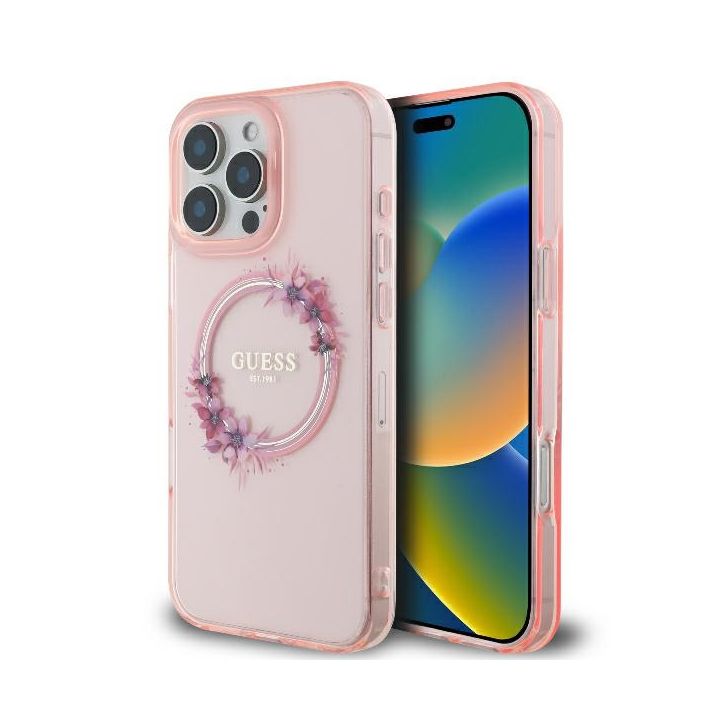 Guess GUHMP16LHFWFCP iPhone 16 Pro6.3" różowy/pink hardcase IML Flowers Wreath MagSafe na NearMe.pl