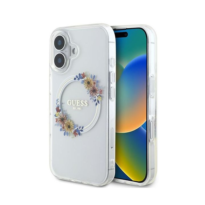 Guess GUHMP16SHFWFCT iPhone 16 przeźroczysty/transparent hardcase IML Flowers Wreath MagSafe na NearMe.pl
