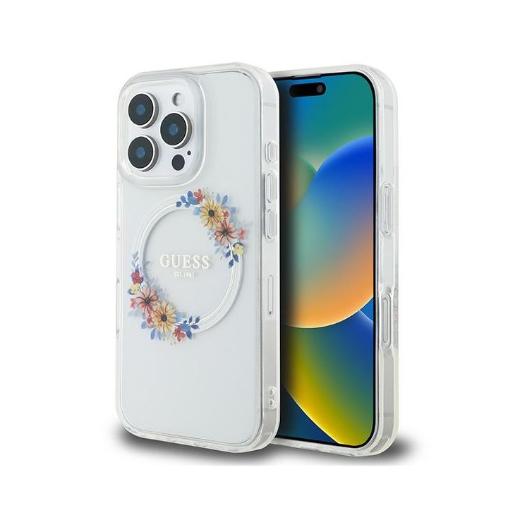 Guess GUHMP16LHFWFCT iPhone 16 Pro 6.3" przeźroczysty/transprent hardcase IML Flowers Wreath MagSafe na NearMe.pl