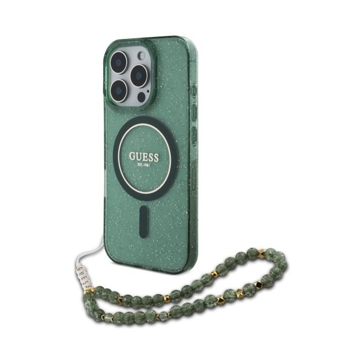 Guess GUHMP16LHGCRELSA iPhone 16 Pro 6.3" zielony/green hardcase IML Glitter With Pearl Strap MagSafe na NearMe.pl