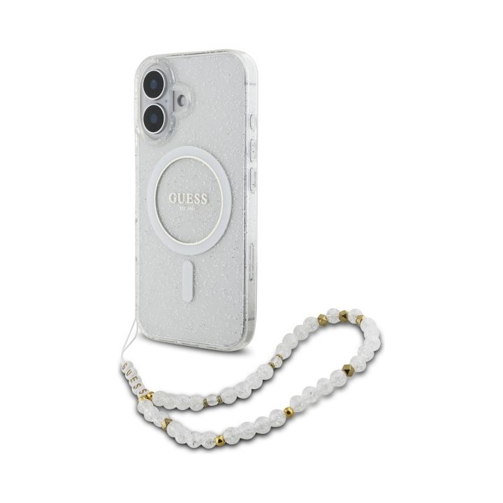 Guess GUHMP16SHGCRELST iPhone 166.1" przeźroczysty/transparent hardcase IML Glitter With Pearl Strap MagSafe na NearMe.pl