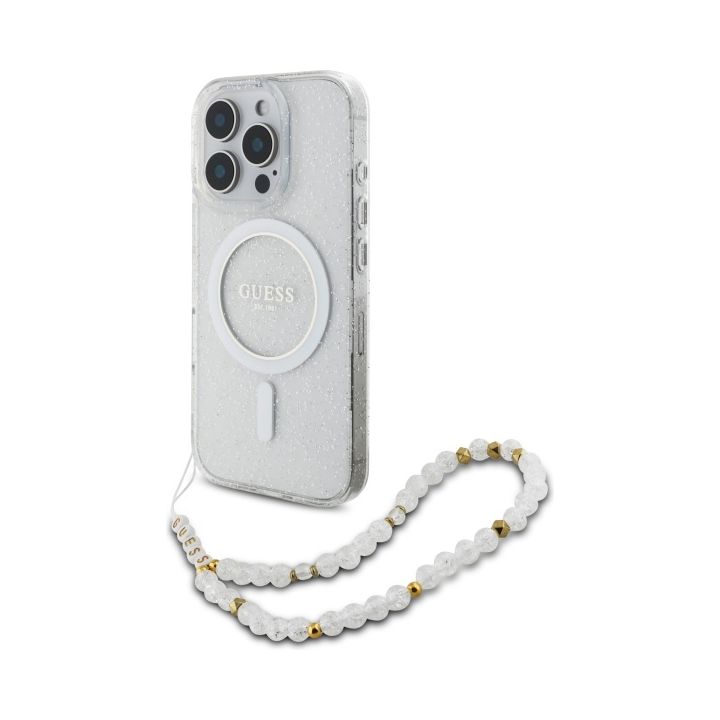Guess GUHMP16LHGCRELST iPhone 16 Pro 6.3" przeźroczysty/transparent hardcase IML Glitter With Pearl Strap MagSafe na NearMe.pl