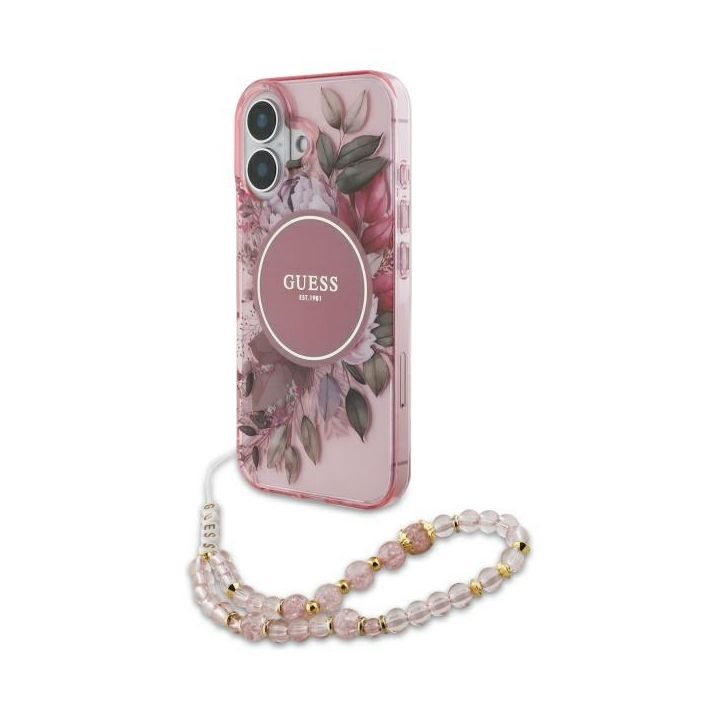 Guess GUHMP16SHFWBRCESP iPhone 16 6.1" różowy/pink hardcase IML Flowers With Pearl Strap MagSafe na NearMe.pl