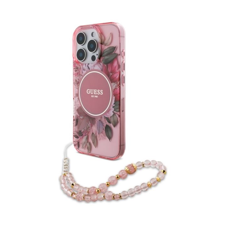 Guess GUHMP16XHFWBRCESP iPhone 16 Pro Max 6.9" różowy/pink hardcase IML Flowers With Pearl Strap MagSafe na NearMe.pl