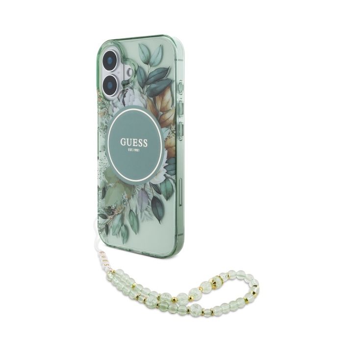 Guess GUHMP16SHFWBRCESN iPhone 16 6.1" zielony/green hardcase IML Flowers With Pearl Strap MagSafe na NearMe.pl