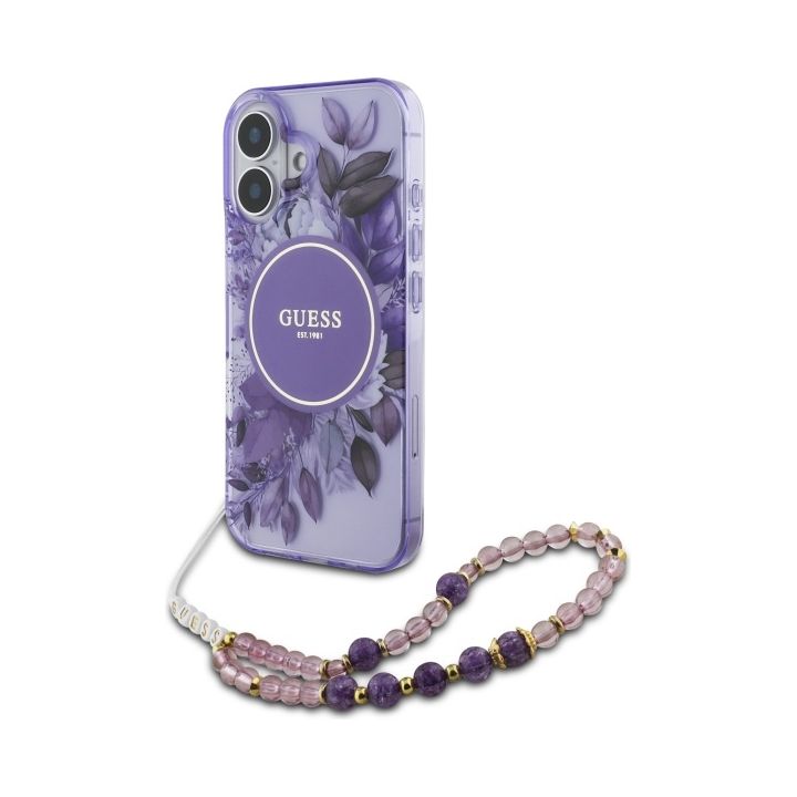 Guess GUHMP16MHFWBRCESU iPhone 16 Plus 6.7" fioletowy/purple hardcase IML Flowers With Pearl Strap MagSafe na NearMe.pl