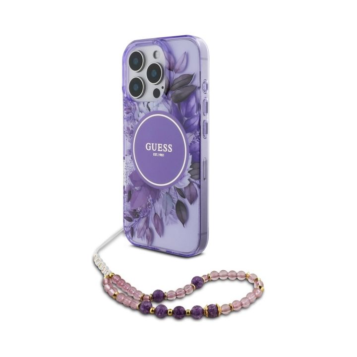 Guess GUHMP16LHFWBRCESU iPhone 16 Pro 6.3" fioletowy/purple hardcase IML Flowers With Pearl Strap MagSafe na NearMe.pl