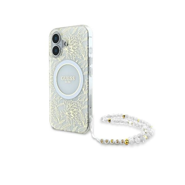 Guess GUHMP16SHCPOFPH iPhone 166.1" biały/white hardcase IML Flowers Allover Electro With Pearl Strap MagSafe na NearMe.pl