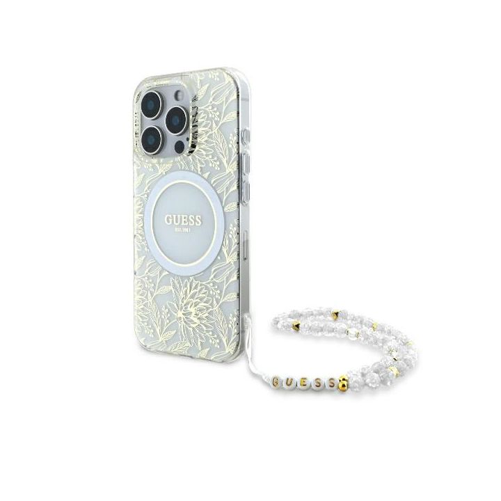 Guess GUHMP16XHCPOFPH iPhone 16 Pro Max 6.9" biały/white hardcase IML Flowers Allover Electro With Pearl Strap MagSafe na NearMe.pl
