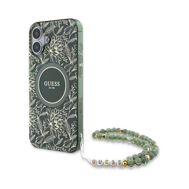 Guess GUHMP16MHCPOFPA iPhone 16 Plus6.7" zielony/green hardcase IML Flowers Allover Electro With Pearl Strap MagSafe na NearMe.pl