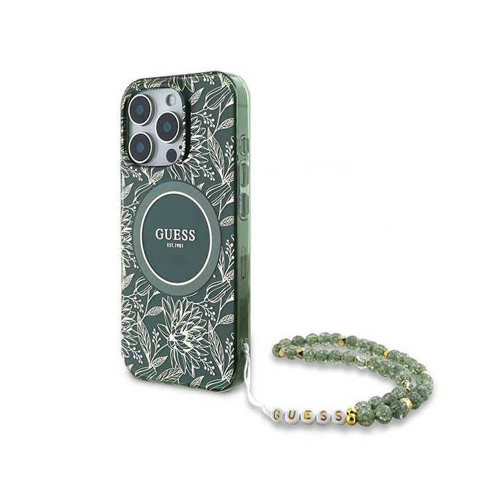 Guess GUHMP16LHCPOFPA iPhone 16 Pro6.3" zielony/green hardcase IML Flowers Allover Electro With Pearl Strap MagSafe na NearMe.pl