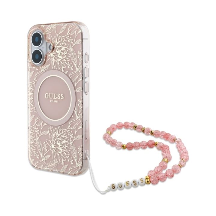 Guess GUHMP16MHCPOFPP iPhone 16 Plus6.7" różowy/pink hardcase IML Flowers Allover Electro With Pearl Strap MagSafe na NearMe.pl