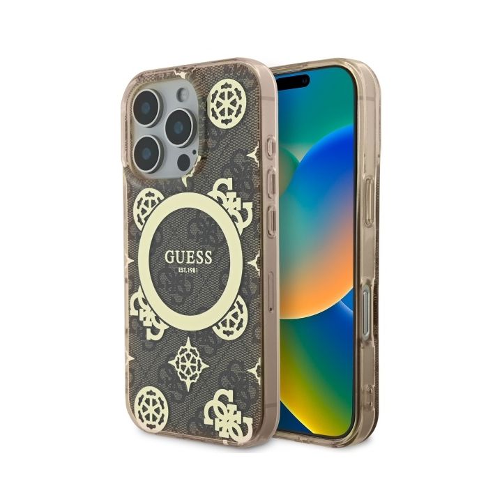 Guess GUHMP16LH4PYEEW iPhone 16 Pro 6.3" brązowy/brown hardcase IML Peony On 4G Background MagSafe na NearMe.pl