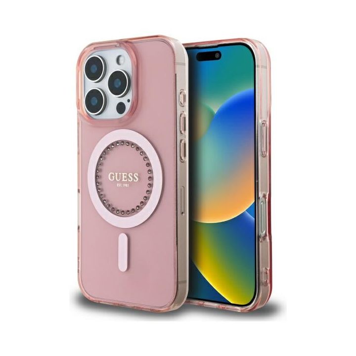 Guess GUHMP16LPFTDTEP iPhone 16 Pro 6.3" różowy/pink hardcase IML Rhinestones MagSafe na NearMe.pl