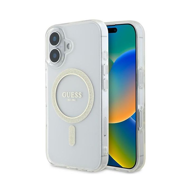 Guess GUHMP16SHFGERET iPhone 16 przeźroczysty/transparent hardcase IML Glitter Circle MagSafe na NearMe.pl