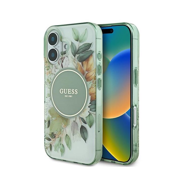 Guess GUHMP16SHFWBDCEN iPhone 16 6.1" zielony/green hardcase IML Flower & Tonal Circle MagSafe na NearMe.pl