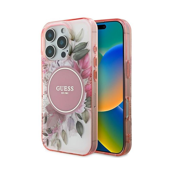 Guess GUHMP16XHFWBDCEP iPhone 16 Pro Max 6.9" różowy/pink hardcase IML Flower & Tonal Circle MagSafe na NearMe.pl