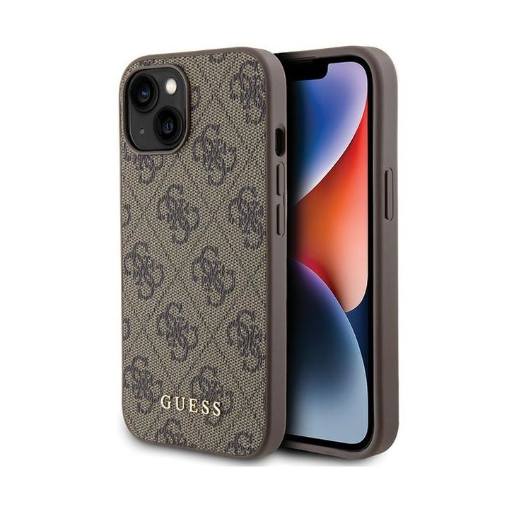 Guess GUHCP15SG4GFBR iPhone 15 / 14 / 13 6.1" brązowy/brown hard case 4G Metal Gold Logo na NearMe.pl