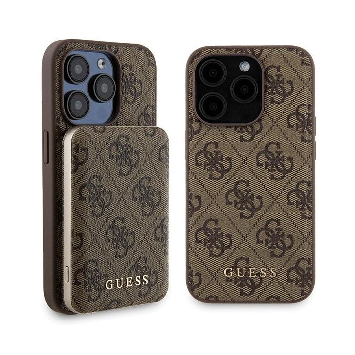 Zestaw Guess GUBPM5P15L4GEMGW iPhone15 Pro 6.1" hardcase + Powerbank 5000mAh MagSafe brązowy/brown 4G Metal Logo na NearMe.pl