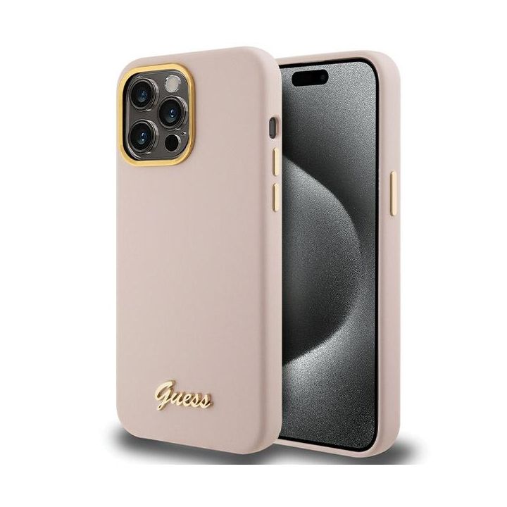 Guess GUHCP15LSMBSLP iPhone 15 Pro 6.1" różowy/pink hardcase Silicone Script Metal Logo & Frame na NearMe.pl