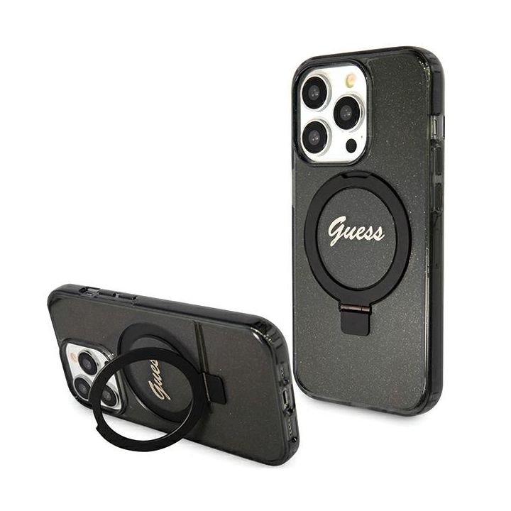 Guess GUHMP15XHRSGSK iPhone 15 Pro Max 6.7" czarny/black hardcase Ring Stand Script Glitter MagSafe na NearMe.pl