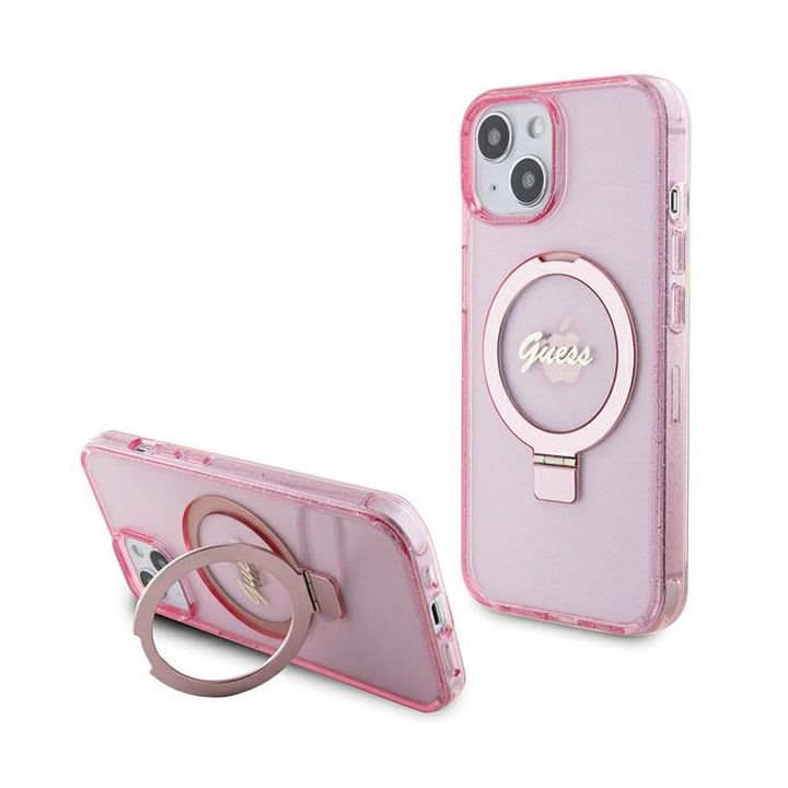 Guess GUHMP15MHRSGSP iPhone 15 Plus / 14 Plus 6.7" różowy/pink hardcase Ring Stand Script Glitter MagSafe na NearMe.pl