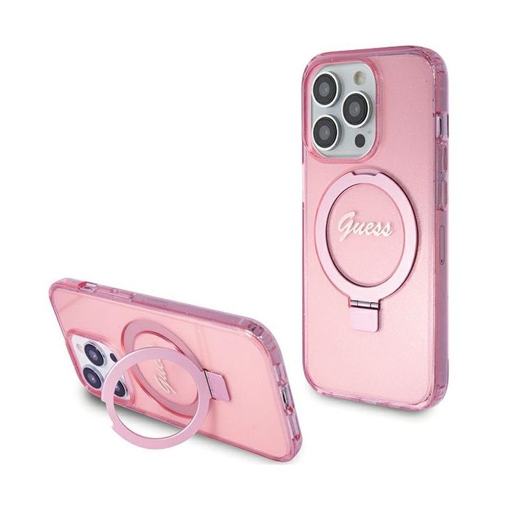 Guess GUHMP15LHRSGSP iPhone 15 Pro 6.1" różowy/pink hardcase Ring Stand Script Glitter MagSafe na NearMe.pl