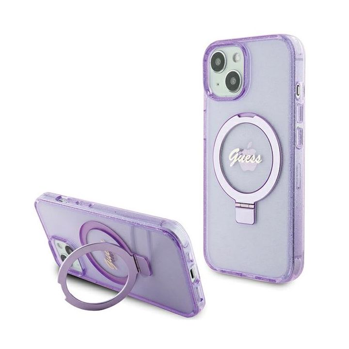 Guess GUHMP15MHRSGSU iPhone 15 Plus / 14 Plus 6.7" fioletowy/purple hardcase Ring Stand Script Glitter MagSafe na NearMe.pl