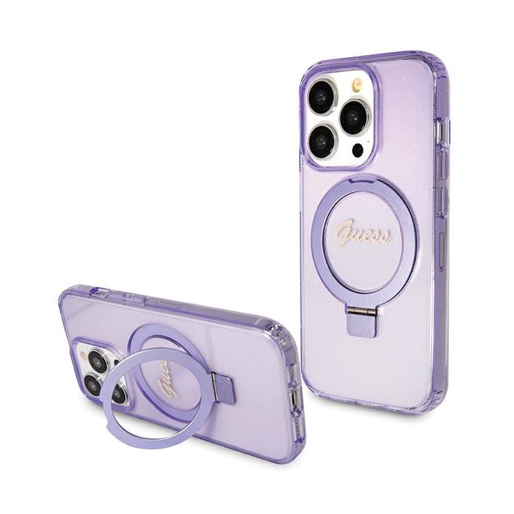 Guess GUHMP15LHRSGSU iPhone 15 Pro 6.1" fioletowy/purple hardcase Ring Stand Script Glitter MagSafe na NearMe.pl