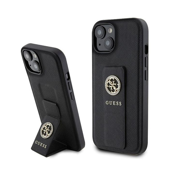 Guess GUHCP15SPGSSADK iPhone 15 / 14 / 13 6.1" czarny/black hardcase Grip Stand 4G Saffiano Strass na NearMe.pl