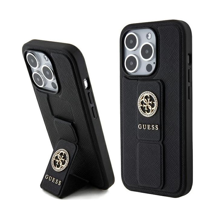 Guess GUHCP15LPGSSADK iPhone 15 Pro 6.1" czarny/black hardcase Grip Stand 4G Saffiano Strass na NearMe.pl
