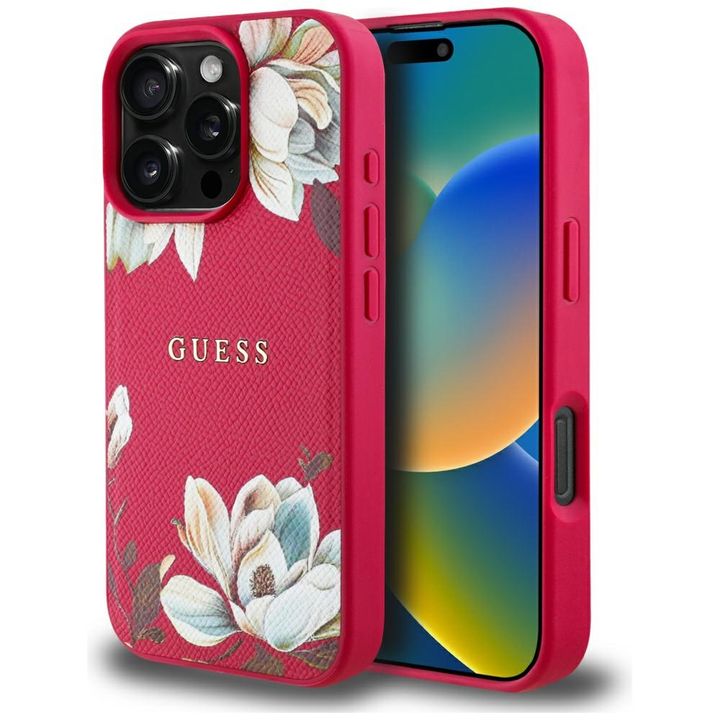 Etui Guess Grained Printed Flower Pattern MagSafe do iPhone 16 Pro fuksja na NearMe.pl