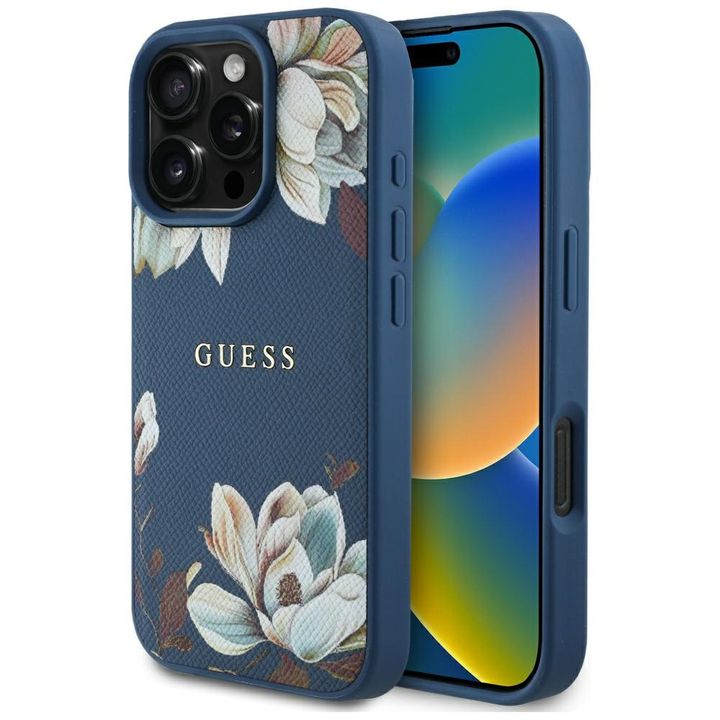Etui Guess Grained Printed Flower Pattern MagSafe do iPhone 16 Pro niebieski na NearMe.pl