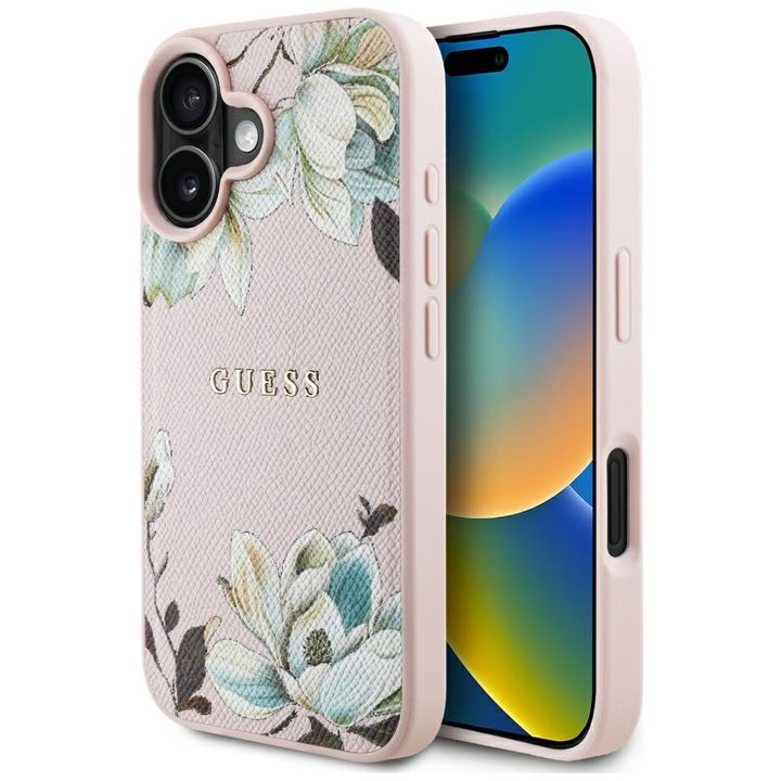 Etui Guess Grained Printed Flower Pattern MagSafe do iPhone 16 różowy na NearMe.pl