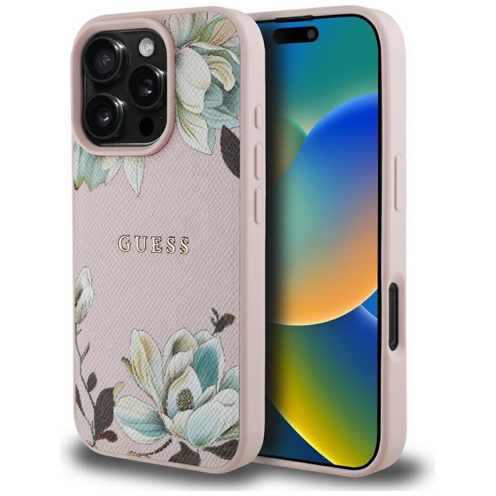 Etui Guess Grained Printed Flower        Pattern MagSafe do iPhone 16 Pro różowy na NearMe.pl