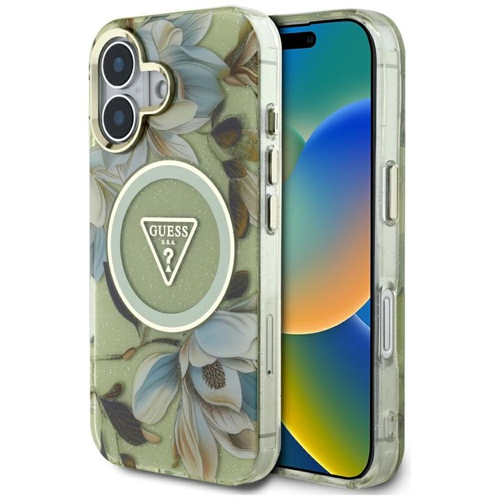 Etui Guess Glitter Flowers Triangle      Buttons MagSafe do iPhone 16 zielony na NearMe.pl