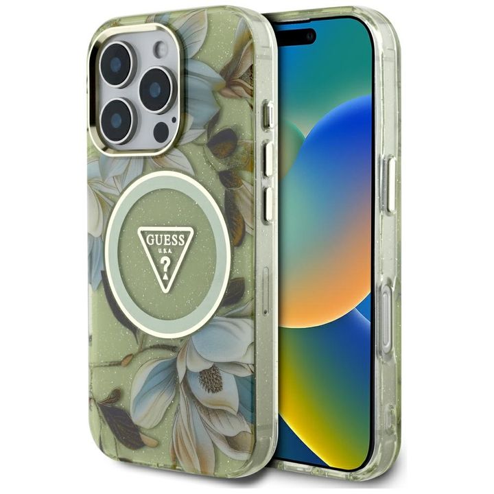 Etui Guess Glitter Flowers Triangle      Buttons MagSafe do iPhone 16 Pro Max zielony na NearMe.pl