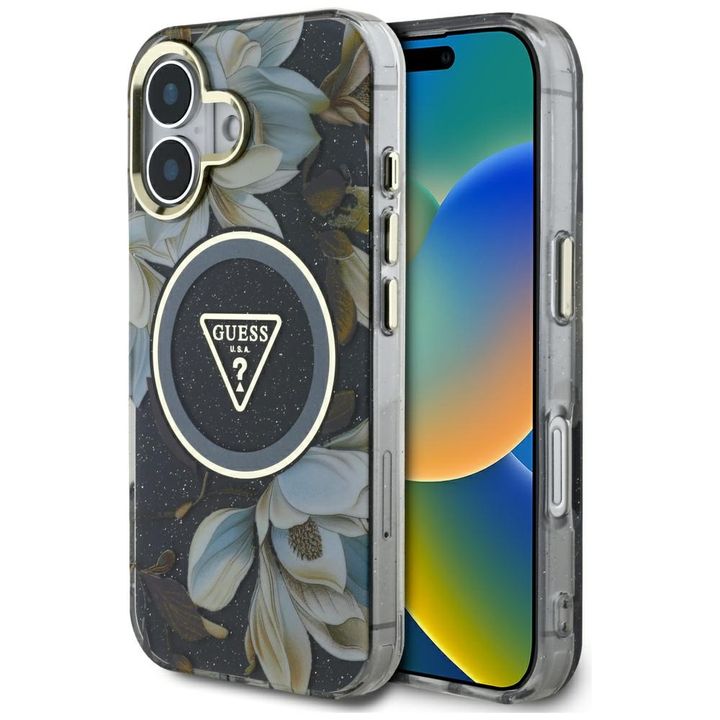 Etui Guess Glitter Flowers Triangle      Buttons MagSafe do iPhone 16 czarny na NearMe.pl