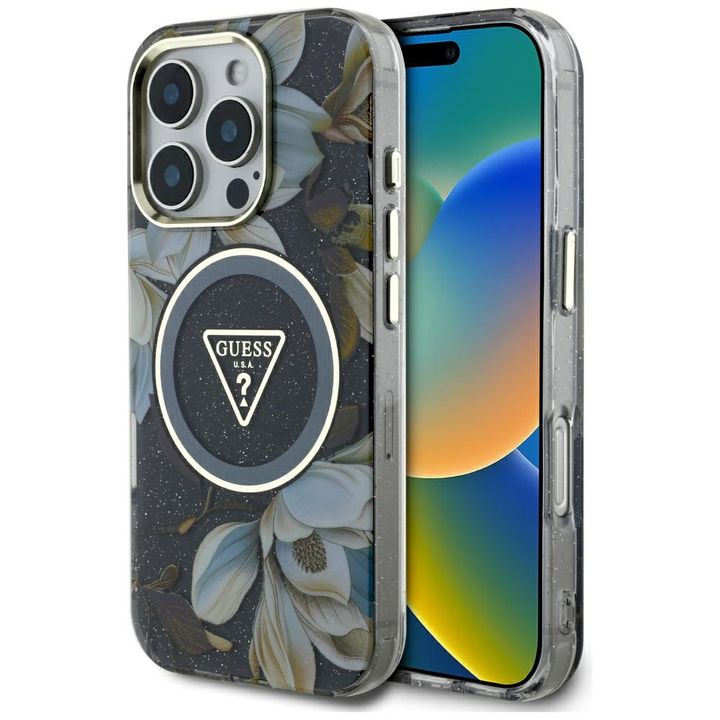 Etui Guess Glitter Flowers Triangle      Buttons MagSafe do iPhone 16 Pro czarny na NearMe.pl