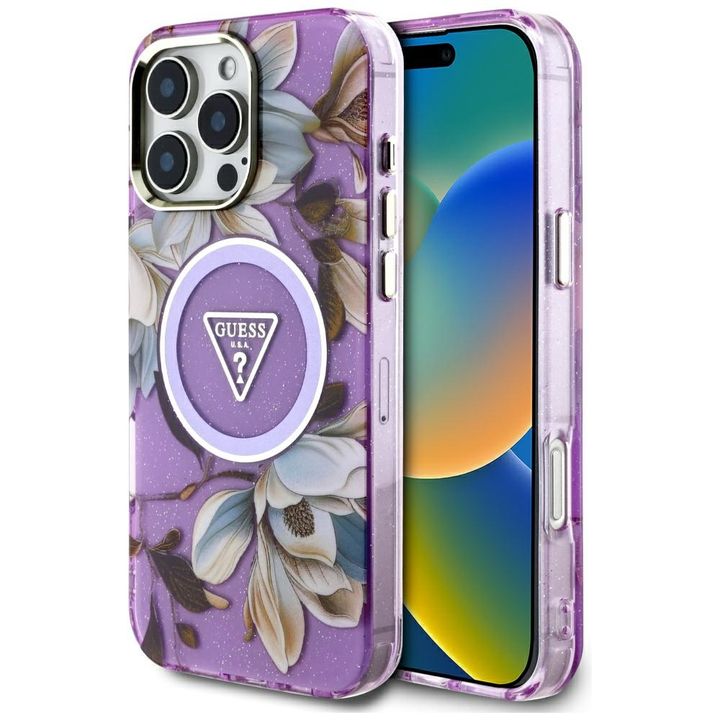 Etui Guess Glitter Flowers Triangle      Buttons MagSafe do iPhone 16 Pro fioletowy na NearMe.pl