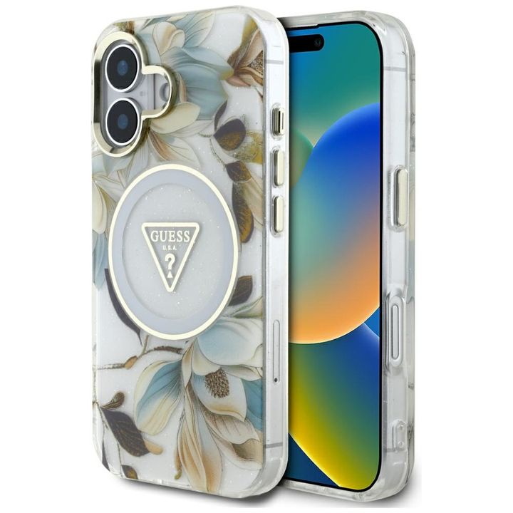 Etui Guess Glitter Flowers Triangle      Buttons MagSafe do iPhone 16 biały na NearMe.pl